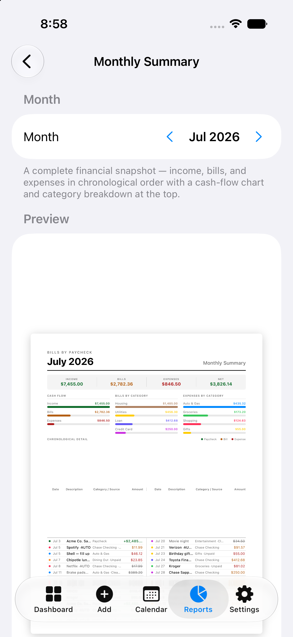 Printable bill sheet