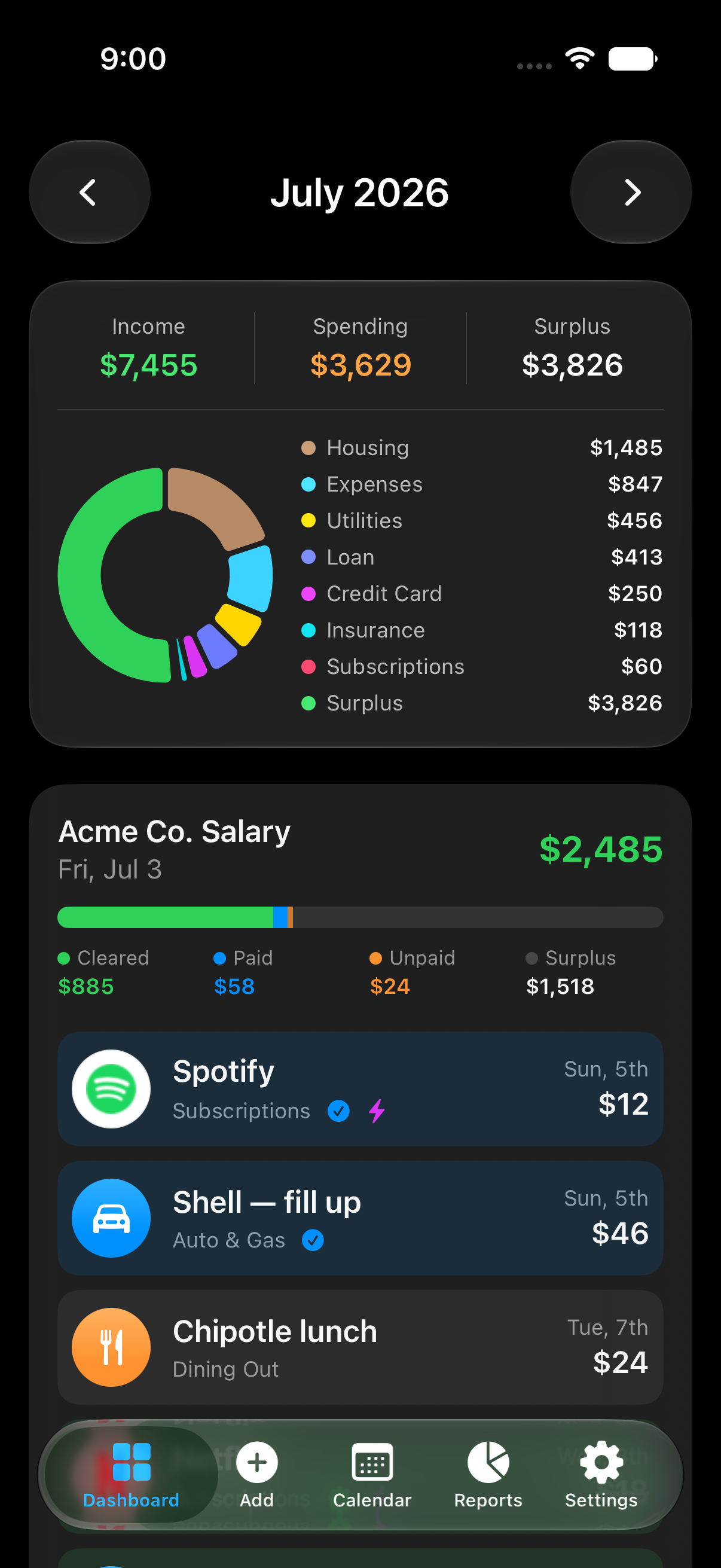 Bills By Paycheck dashboard