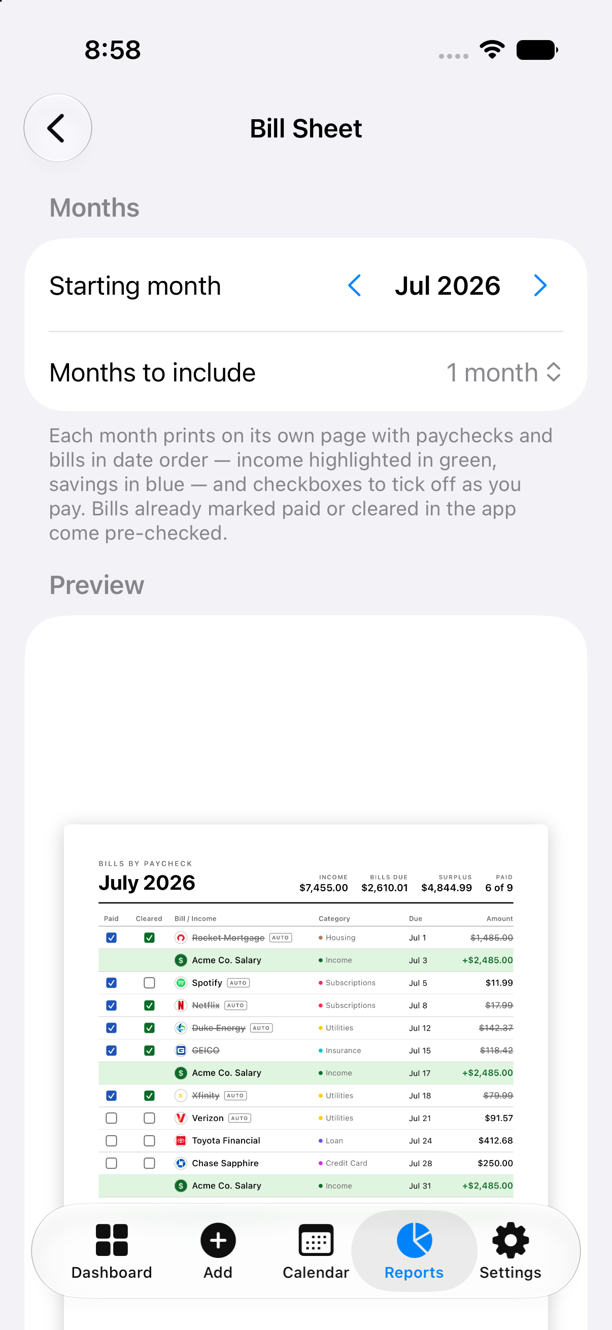Monthly summary